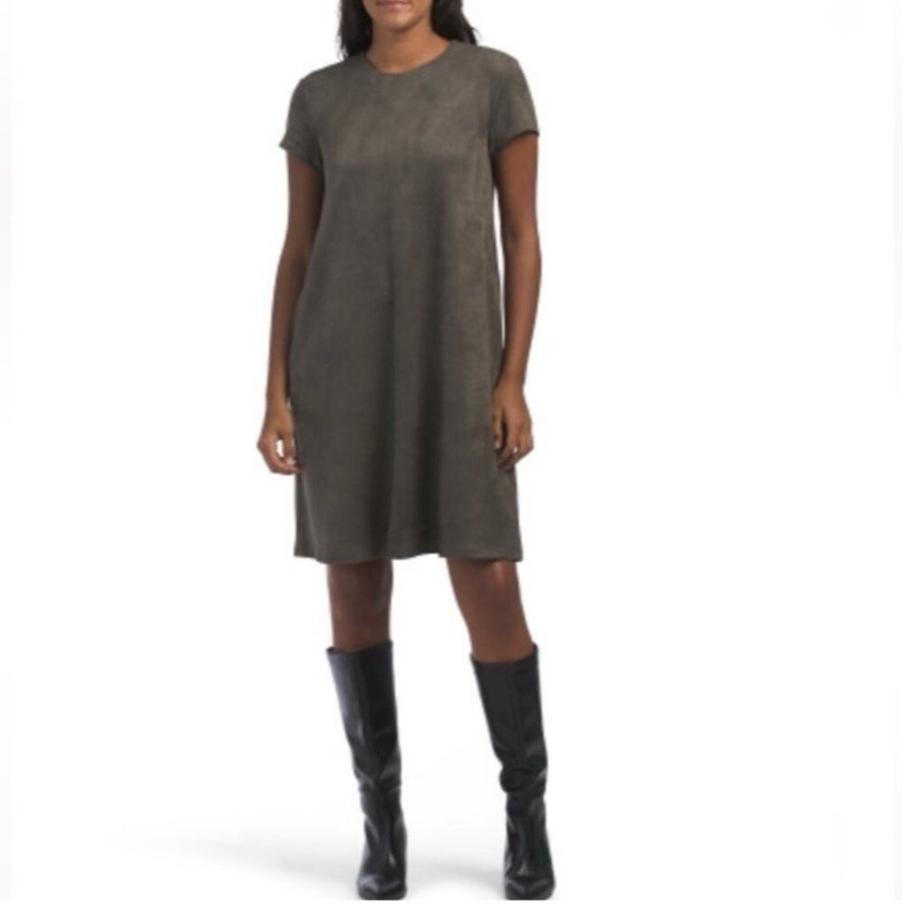 J McLaughlin Swing Dress Cap Sleeve Olive Green Faux Suede Size M Pockets - Picture 2 of 15